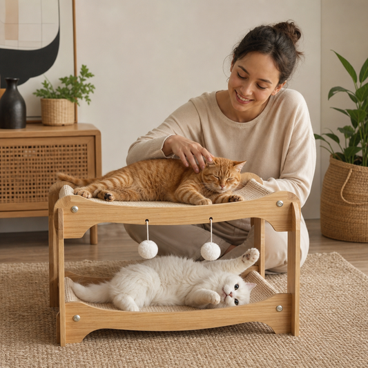 Wooden Double-Decker Cat Play & Lounge Bed with Sisal Scratching Ramp and Hanging Toys