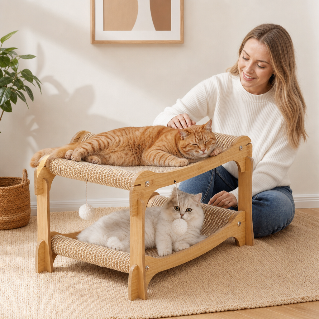 Wooden Double-Decker Cat Play & Lounge Bed with Sisal Scratching Ramp and Hanging Toys