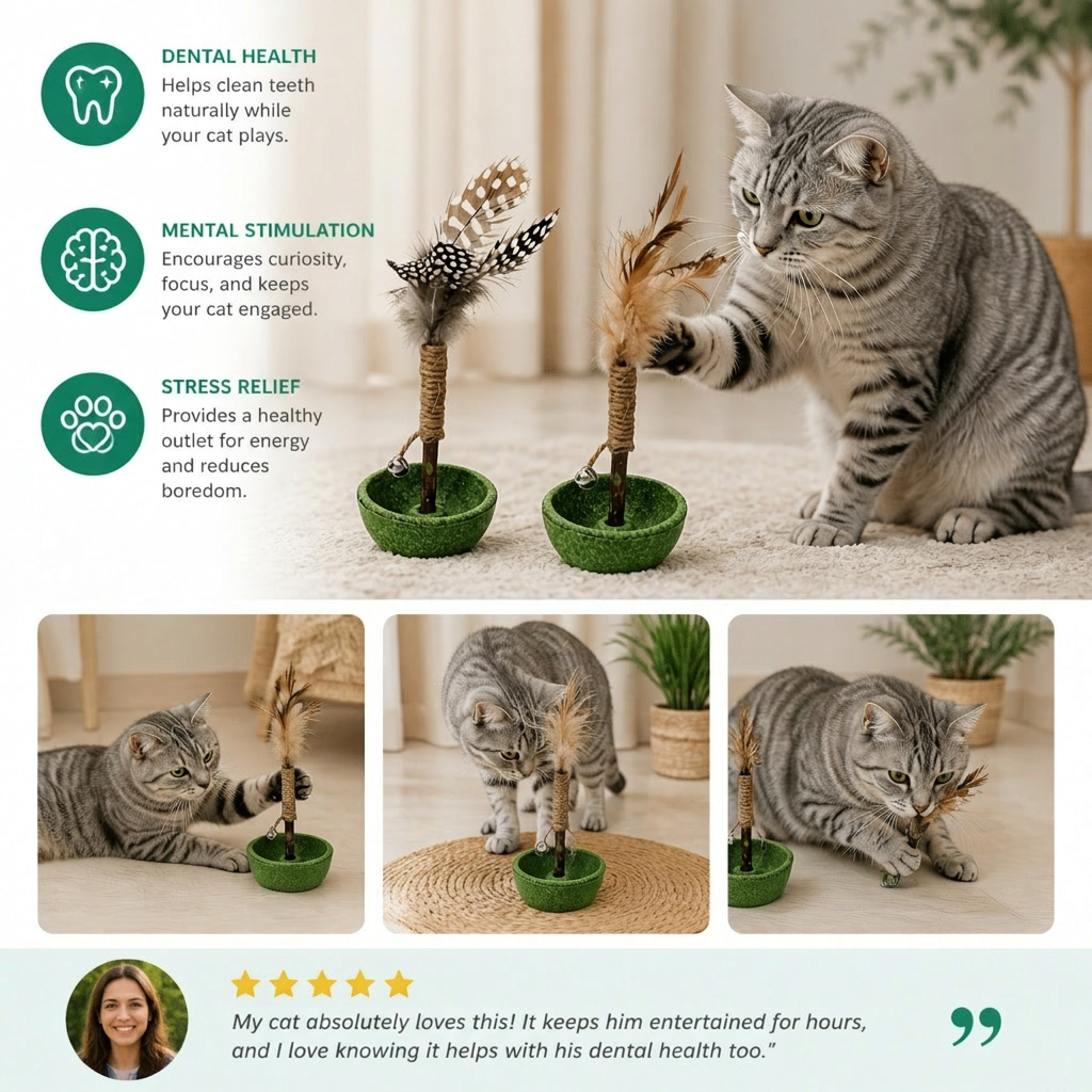 Teeth Cleaning Catnip Tumbler Cat Toy – Interactive Feather Teaser with Bell