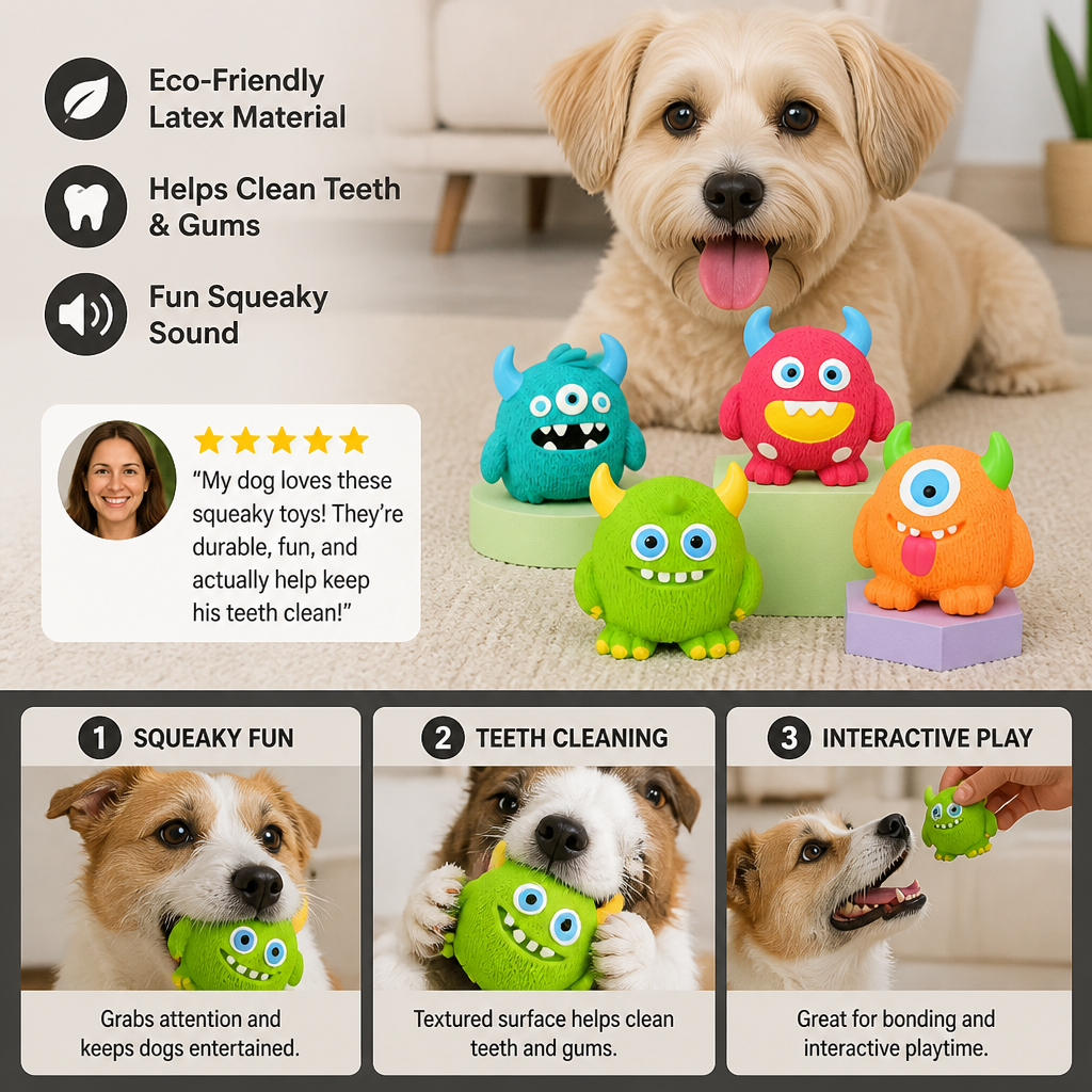 Durable Eco-Friendly Monster Teeth Cleaning Latex Squeaky Dog Toy