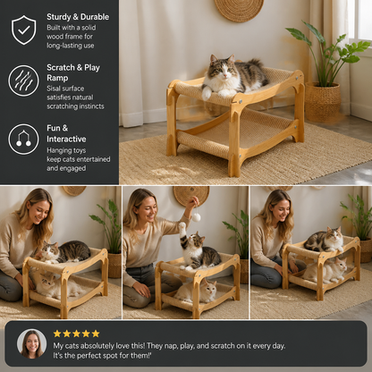 Wooden Double-Decker Cat Play & Lounge Bed with Sisal Scratching Ramp and Hanging Toys