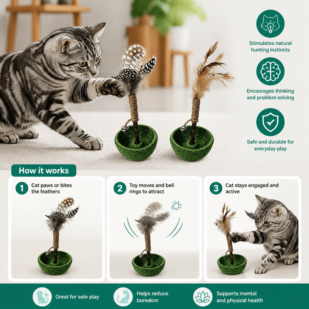 Teeth Cleaning Catnip Tumbler Cat Toy – Interactive Feather Teaser with Bell