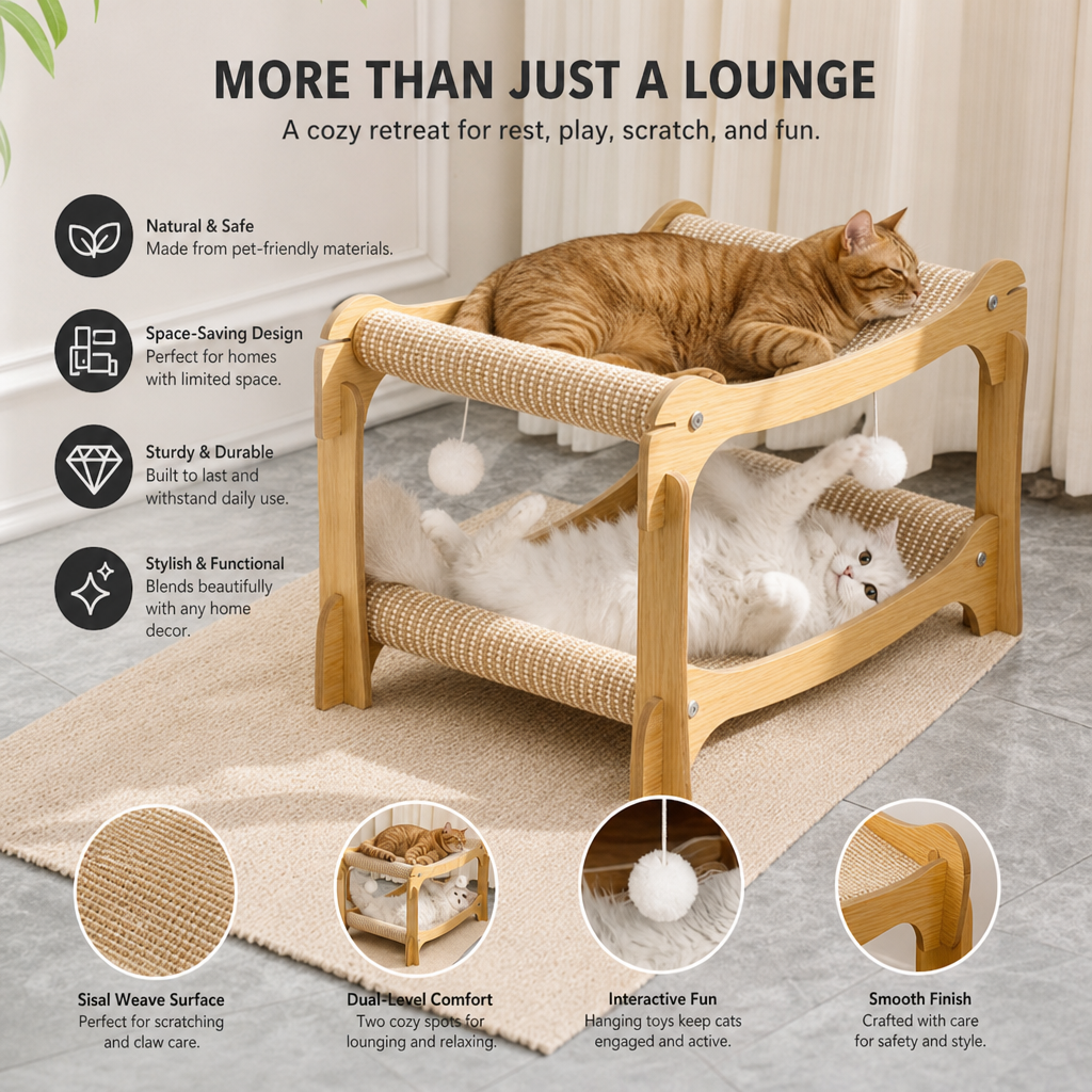 Wooden Double-Decker Cat Play & Lounge Bed with Sisal Scratching Ramp and Hanging Toys