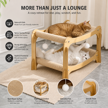 Wooden Double-Decker Cat Play & Lounge Bed with Sisal Scratching Ramp and Hanging Toys