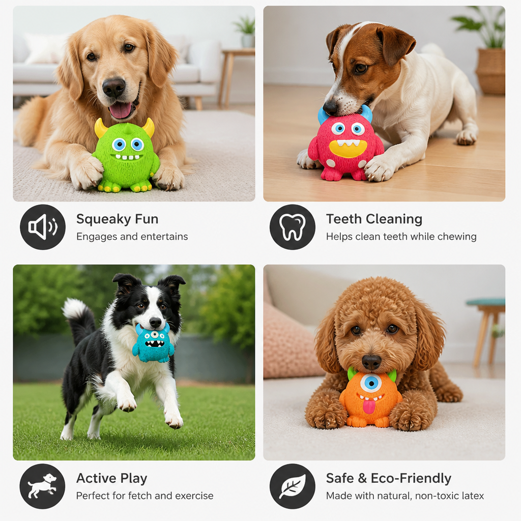 Durable Eco-Friendly Monster Teeth Cleaning Latex Squeaky Dog Toy