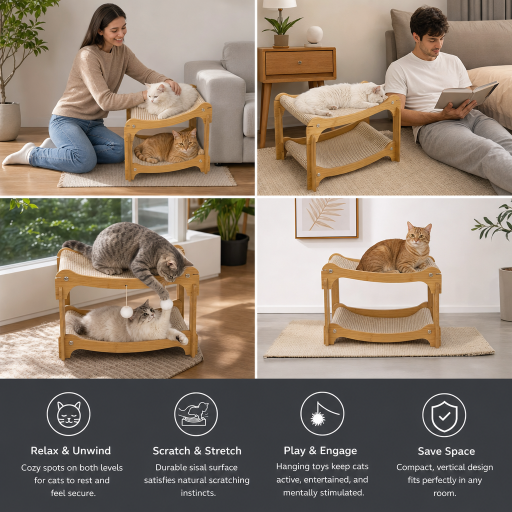 Wooden Double-Decker Cat Play & Lounge Bed with Sisal Scratching Ramp and Hanging Toys