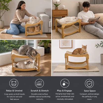 Wooden Double-Decker Cat Play & Lounge Bed with Sisal Scratching Ramp and Hanging Toys