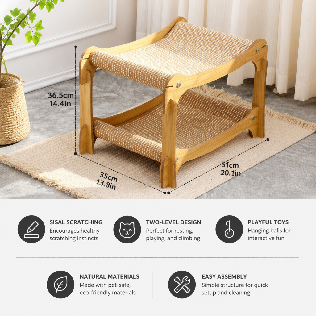 Wooden Double-Decker Cat Play & Lounge Bed with Sisal Scratching Ramp and Hanging Toys