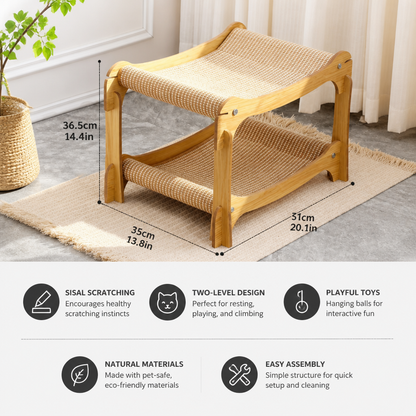 Wooden Double-Decker Cat Play & Lounge Bed with Sisal Scratching Ramp and Hanging Toys